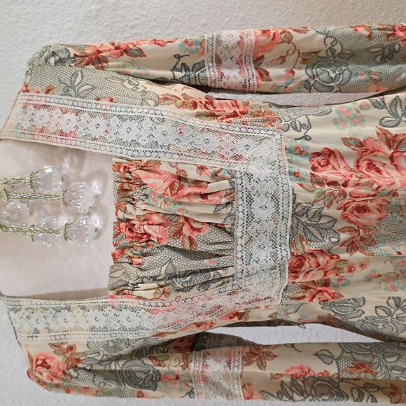 JCPenney Floral Long Sleeve Dress - Cream and Pink 41" Long - Picture 3 of 13